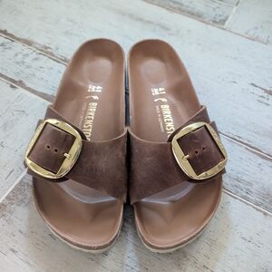 Birkenstock Men's Brown Leather Buckle Slide Sandals